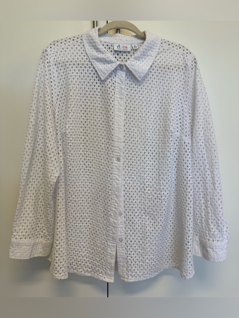 d&co Denim & Company Eyelet Button Front Shirt White Blouse 2X Plus
